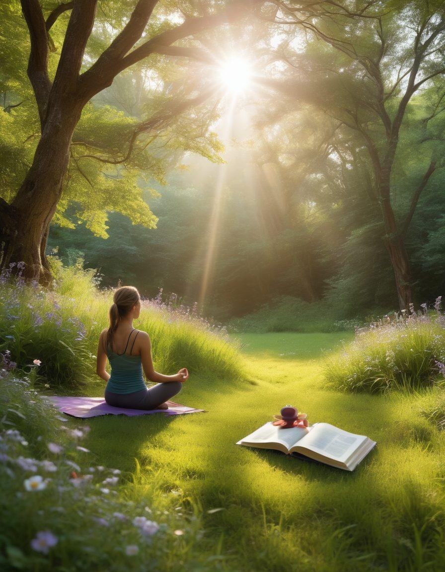 A serene landscape featuring a diverse group of people practicing yoga on a grassy hill, surrounded by lush greenery and blooming flowers. Soft sunlight filters through the trees, creating a peaceful and inviting atmosphere. Include symbols of wellness like essential oils, herbal tea, and mindfulness books scattered around. The scene embodies a holistic lifestyle, promoting connection with nature and self-care. super-realistic. vibrant colors. calming ambiance.