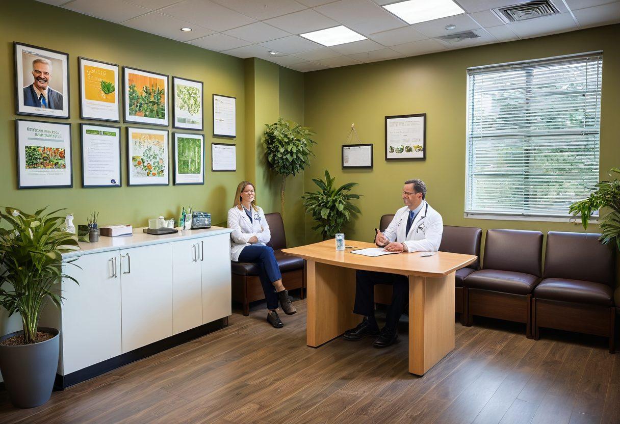 A warm, inviting doctor's office with a friendly doctor sharing wellness tips with a diverse group of patients. The room is filled with natural light, plants, and wellness brochures, emphasizing a supportive atmosphere. Include visual elements like charts of healthy habits and infographics showing key wellness practices. The patients are engaged and smiling, creating a sense of community and empowerment. super-realistic. vibrant colors. soft lighting.