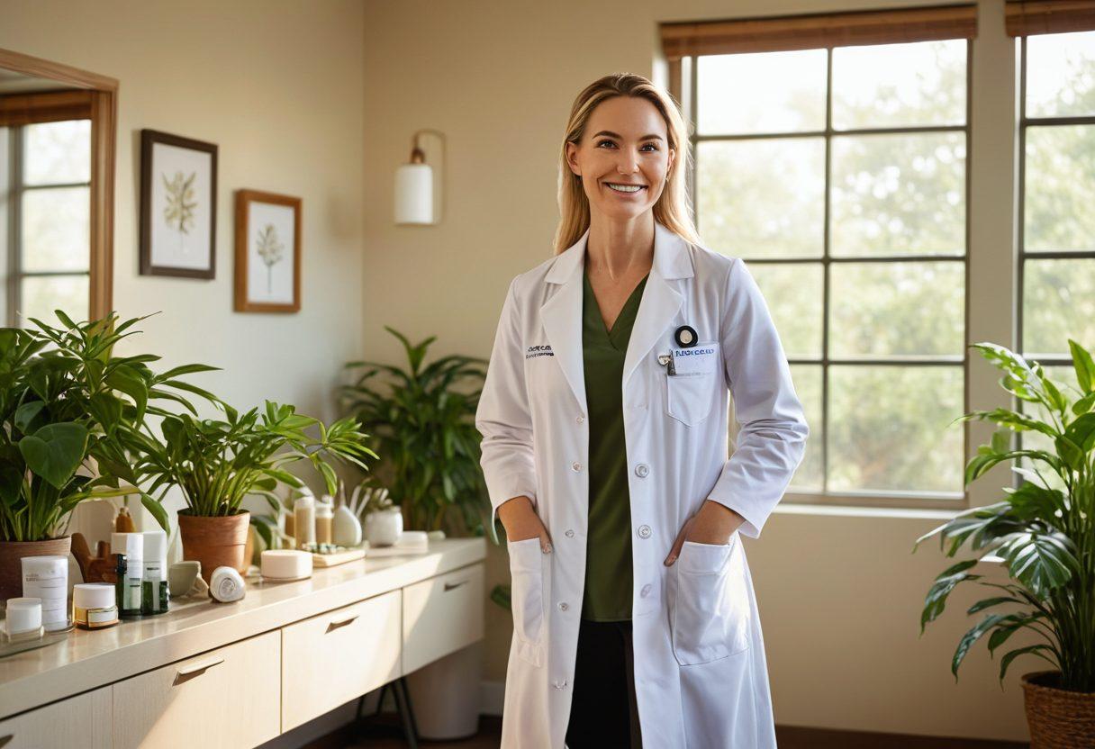 A serene and inviting clinic environment with natural light streaming through large windows. A compassionate healthcare professional, a woman in a white coat, is smiling while consulting with a diverse patient. Various wellness tools and plants are scattered throughout the space, symbolizing holistic health. Soft colors and a peaceful ambiance enhance the scene, inspiring trust and wellness. super-realistic. warm colors. soft focus.